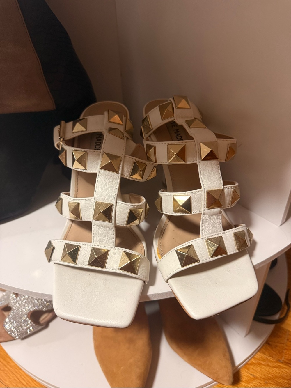 Studded White Strappy Sandals with Gold Accents Steve Madden